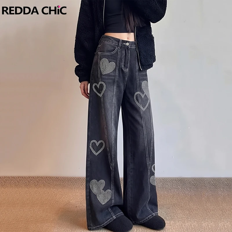 

ReddaChic Rhinestone Black Jeans for Women Retro Grunge Patchwork Washed Wide Leg High Waist Denim Trousers Harajuku Streetwear