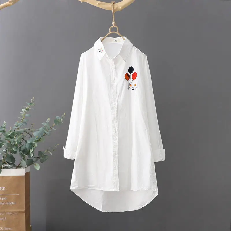 Fashion Lapel Loose Embroidery Irregular Shirt Female Clothing 2023 Autumn Winter Oversized Casual Tops Asymmetrical Blouse