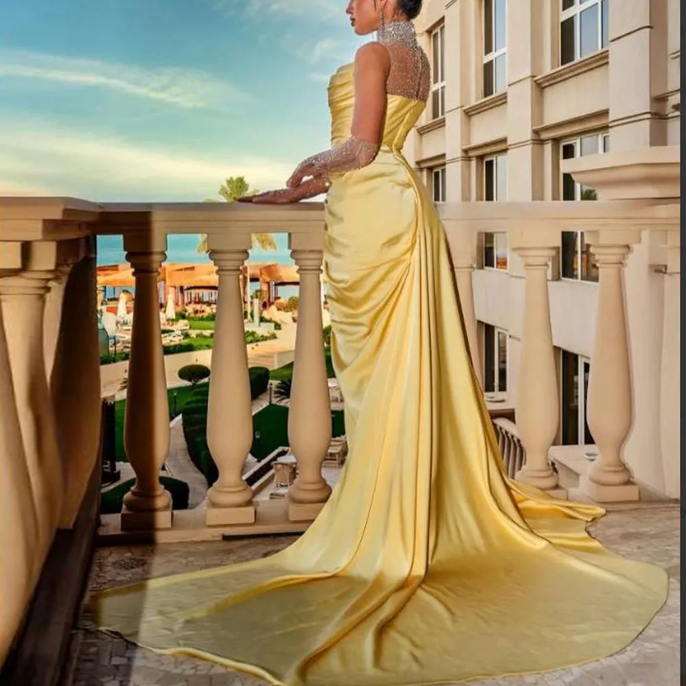Customized Crystal Yellow Evening Dresses High Neck Pleated Formal Dress Satin Long Special Occasion Dress Long Train