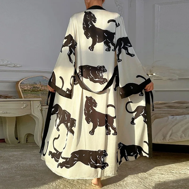 Fashion Leopard Print Robe Long Peignoir Women Satin Shower Bathrobe Gown Long Homewear Intimate Lingerie Female Nightgown