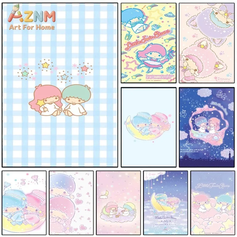 Little Twin Stars Blue Gingham Check Canvas Wall Art Unframed Canvas Poster Cute Kawaii Cartoon Print for Girls Nursery Bedroom