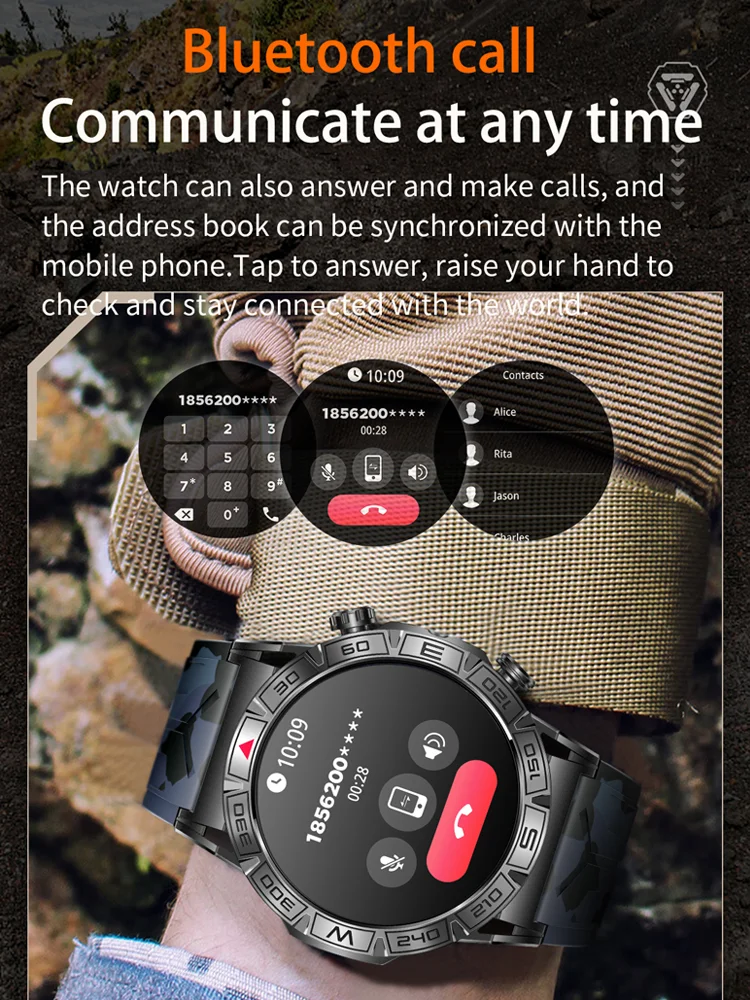 2025 novo relógio inteligente para esportes ao ar livre para homens, lanterna, bússola de medição de altura e pressão, chamada bluetooth rastreador de fitness