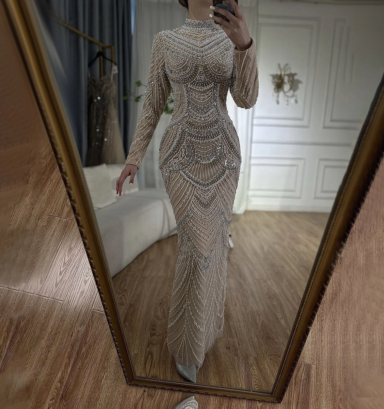 SERENE HILL Customized Arabic Modest Luxury Silver Nude Beaded Mermaid Evening Dress 2025 Muslim Women Party Gown CLA72091L