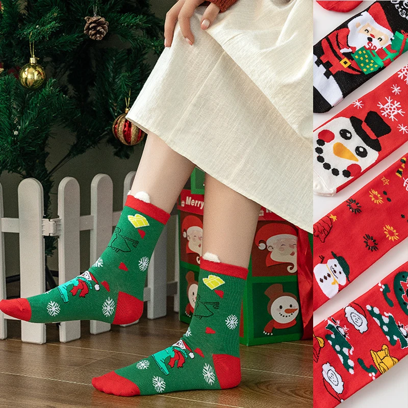 2 Pairs Funny Christmas Socks Cartoon Elk Snow Christmas Tree Sock For Women Girls Thicken Warm Middle Tube Socks Gift For Kids