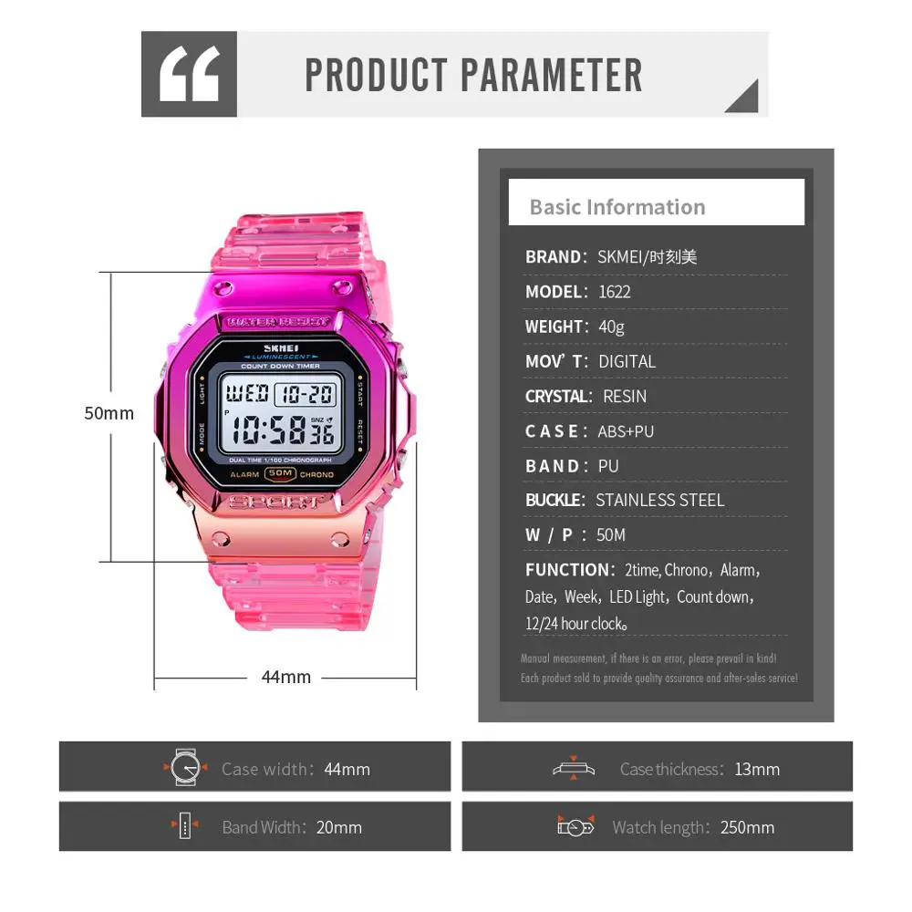 SKMEI Fashion Cool Girls Watches Electroplated Case Transparent Strap Lady Women Digital Wristwatch Shockproof reloj mujer 1622