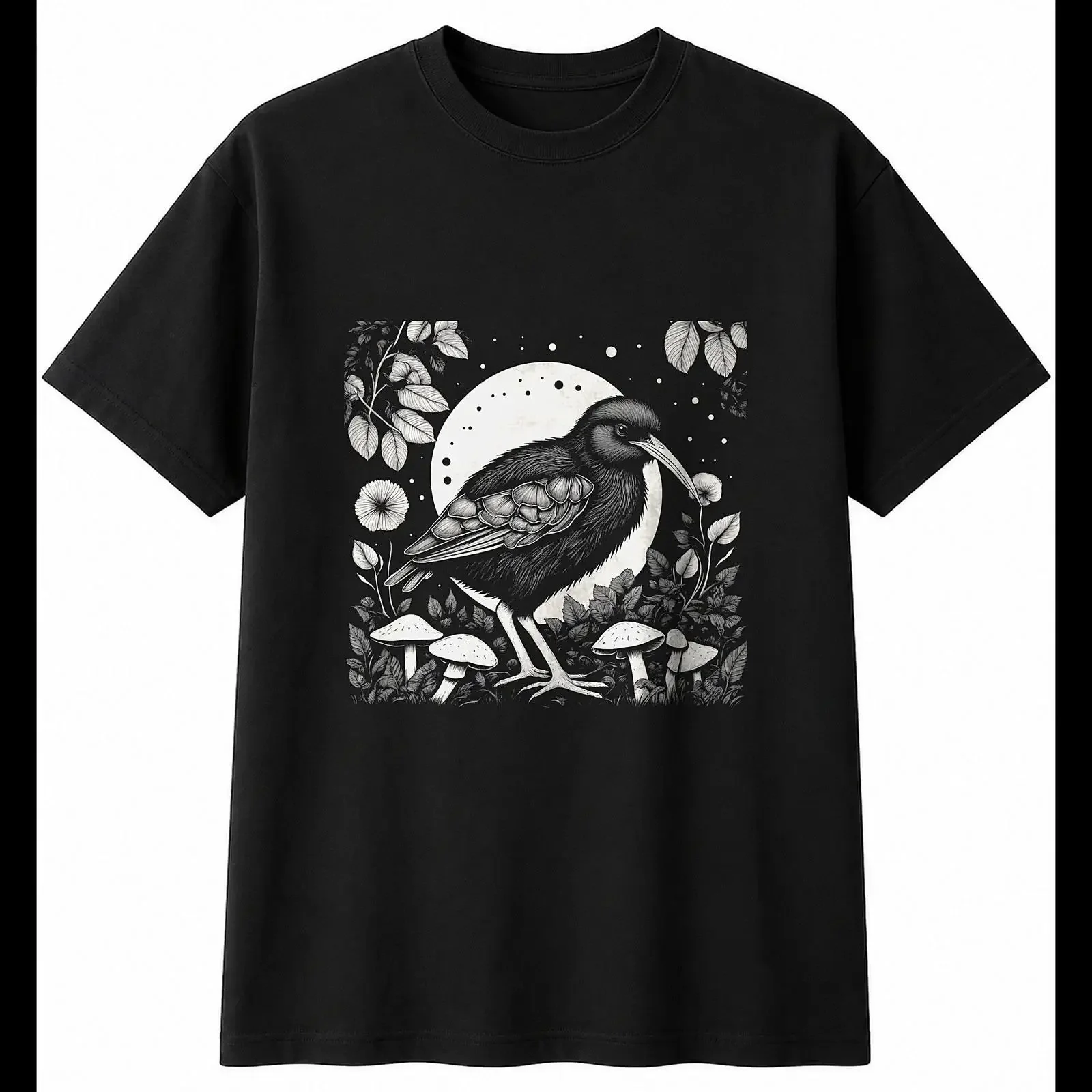 Botanisches Kiwi-Vogel- und Pilzmotiv, Herren-T-Shirt, Schwarz, 100 % Baumwolle, Natur-Vintage-Look, gewaschenes Oberteil für den täglichen Gebrauch, Unisex, leicht.