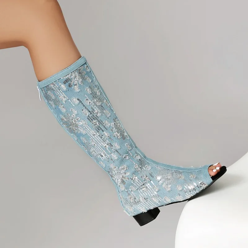2026 Summer Denim Sequin Sandals for Women, High Cut Open Toe Boots, Thick Soled Zipper Closure, Sizes 33-45