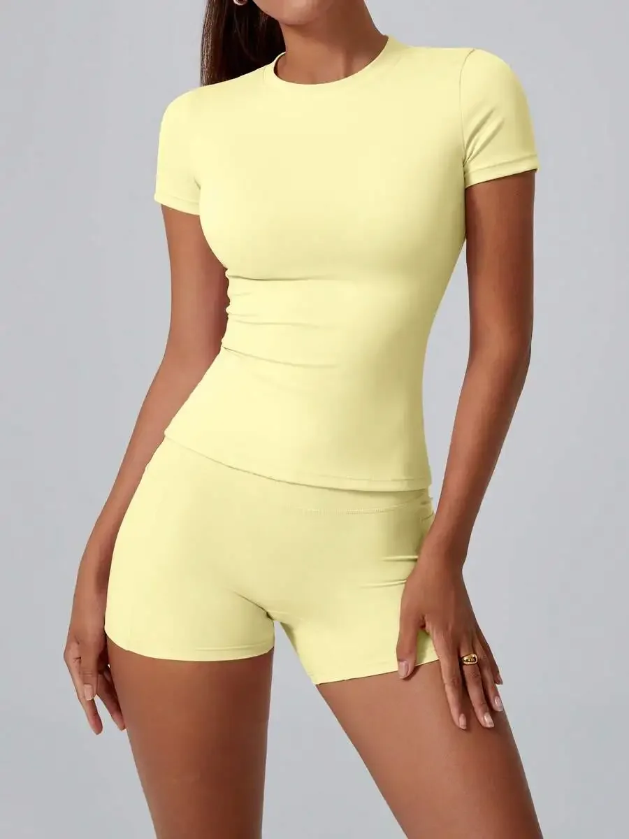 Women's Sweet Sports Short Sleeve High Waist Tummy Control Butt Lifting Shorts Set
