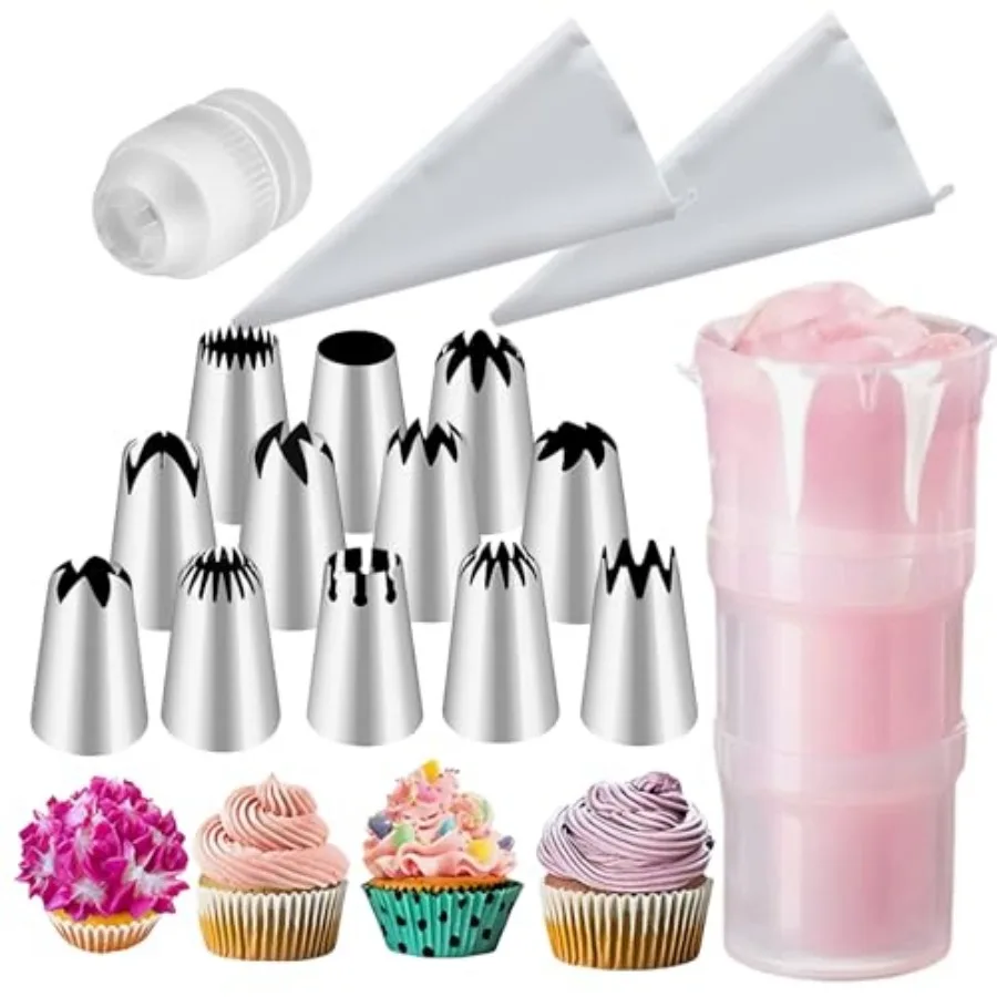 

16 PCS Large Piping Tips Set, Stainless Steel frosting tips with Reusable cotton piping bag and auxiliary cup, Cake Decorating