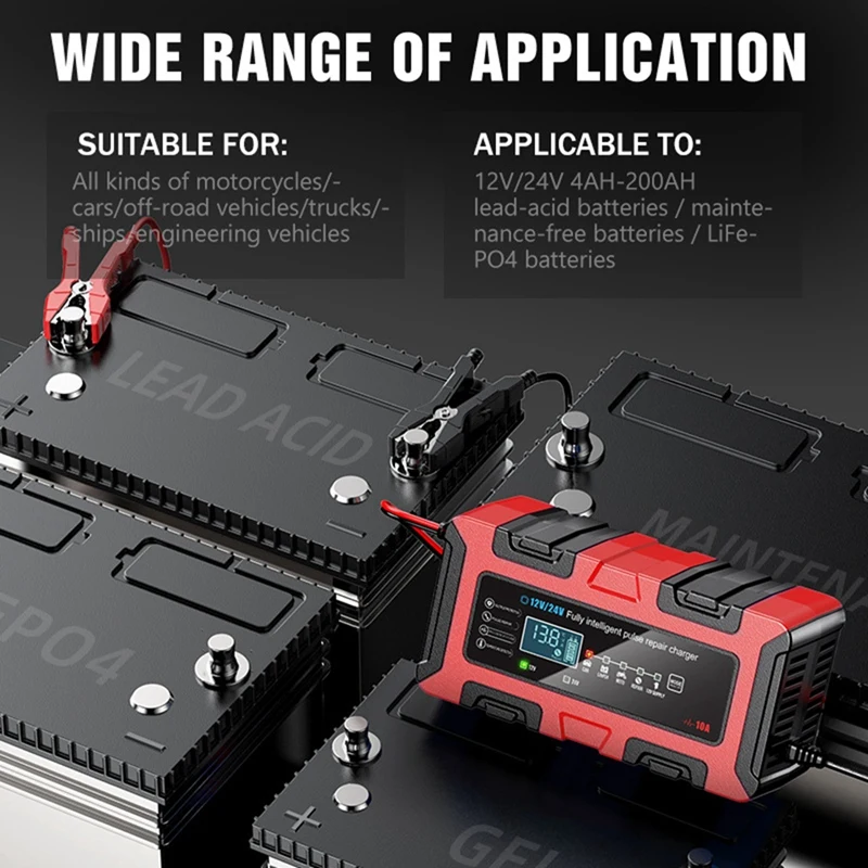 10A 12V/24V Smart Car Battery Charger Maintainer Electric Motorcycles Charger for Lead-Acid GEL Batteries EU Plug-ELEC