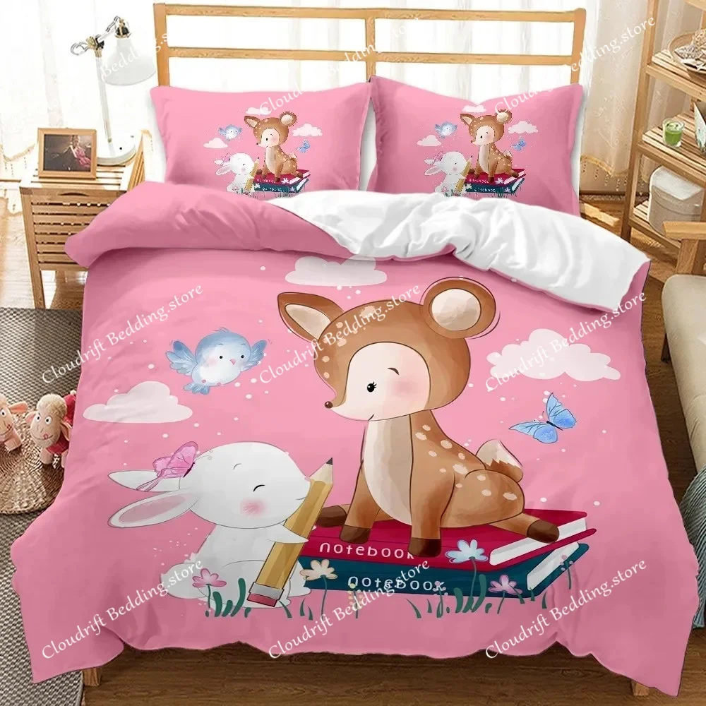 Cartoon Cat Bedding Set QueenKing Pink Animals Bedding,lovely Magical Animal Polyester Duvet Cover for Boys Girls