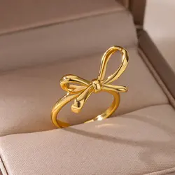 Stainless Steel Bow Knot Opening Rings For Women Cute Gold Plated Geometric Adjustable Ring Simple Jewelry Accesorios anillos
