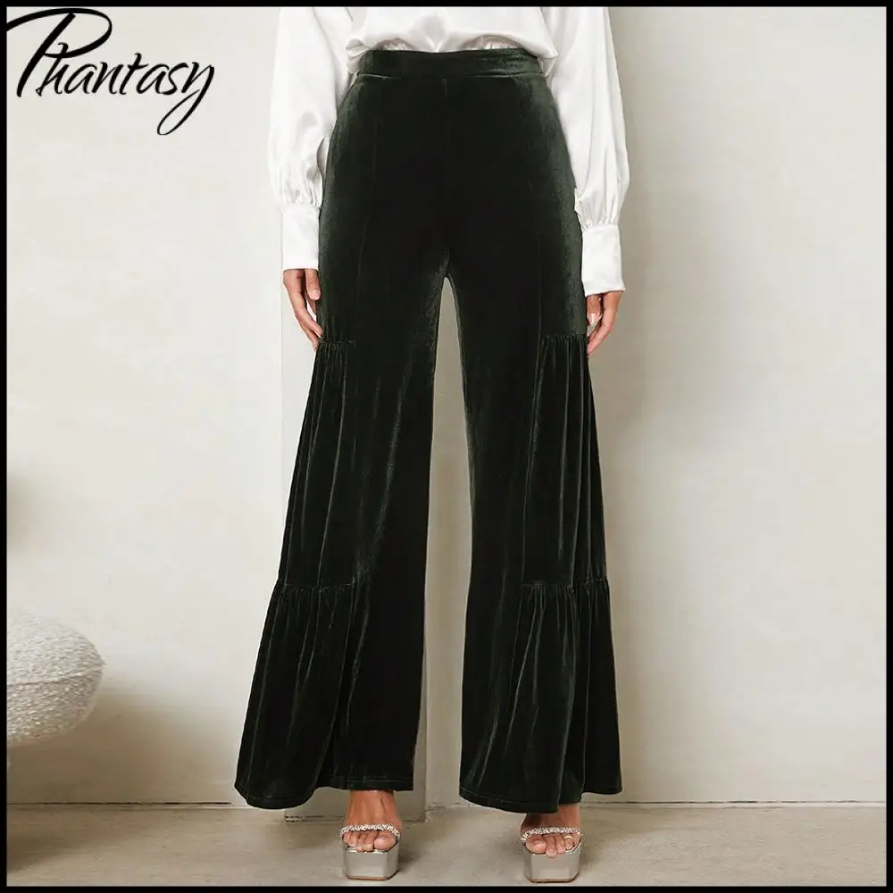 

Autumn Winter Velvet Wide-Leg Pants Elegant Ruffled High-Waisted Straight-Leg Pants for Lady Casual Commuter Loose-Fit Trousers