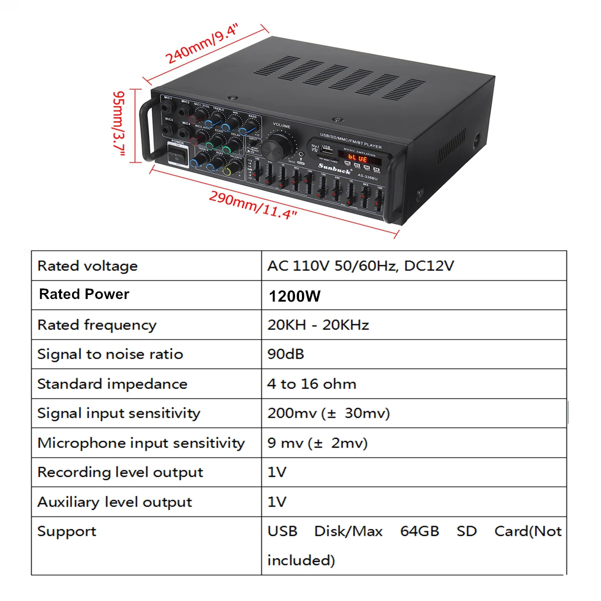 12V 2000W 4 Way Microphone Input Amplifier Audio Stereo Digital Radio USB SD AMP FM DVD Remote Control bluetooth 5.0 Car Home