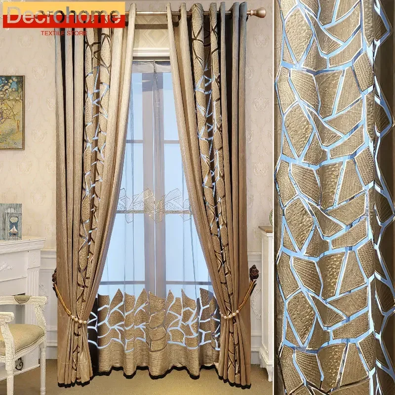 Europe American Luxury Geometric Curtains for Living Dining Room Bedroom Hollow Embroidery Duplex Building  Window Curtain