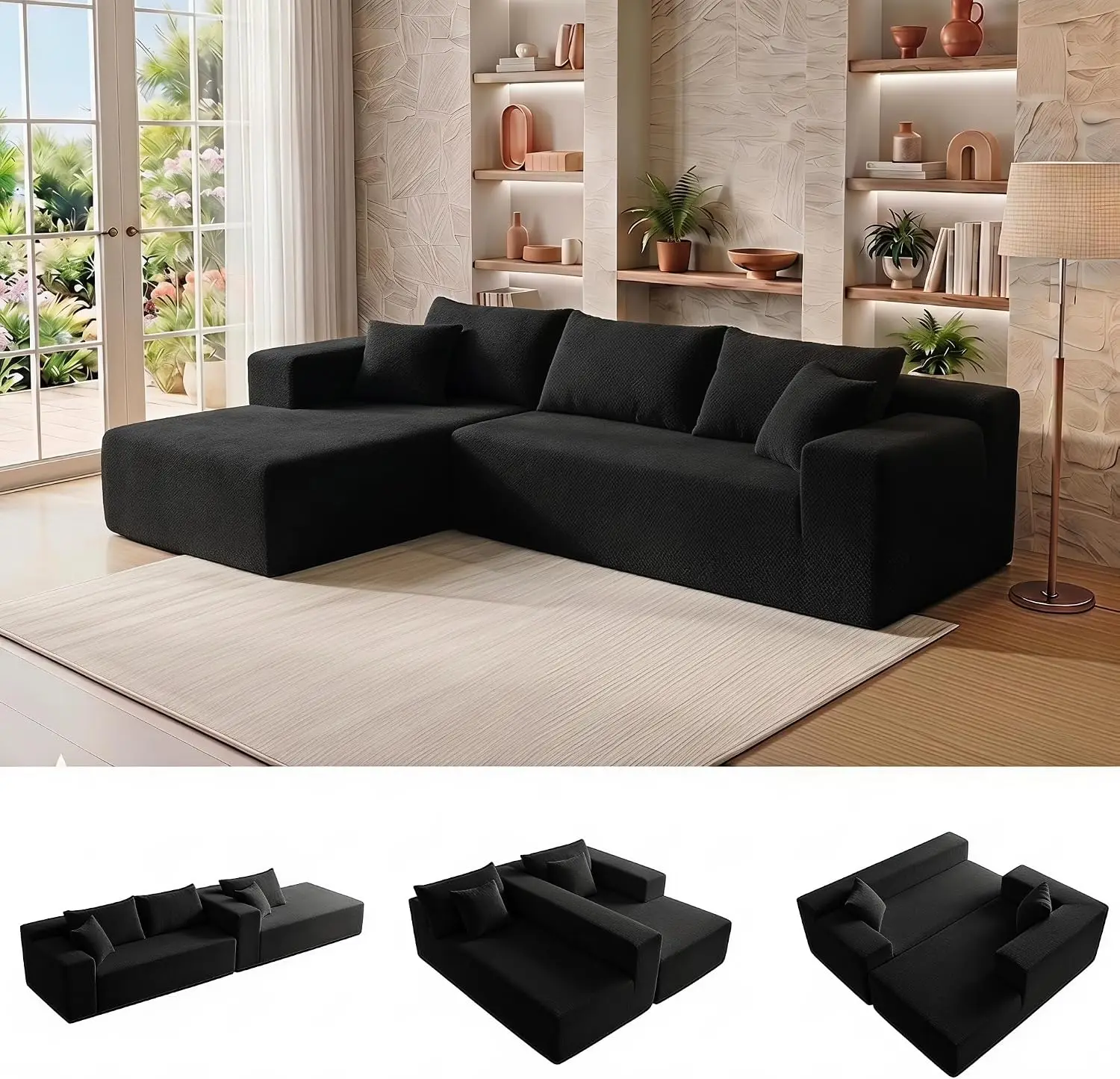 Black L Shaped 104 Modular Sectional Boneless Couch Cloud Memory Foam Lounge Right Chaise Deep Seat 3 Seater Sofa Living Room Be