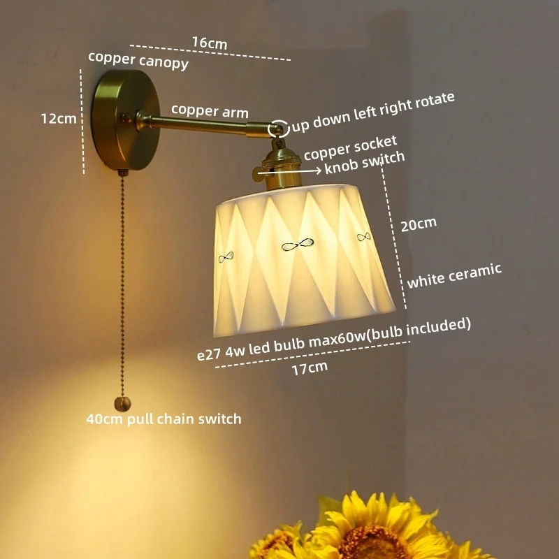 IWHD Pull Chain Switch LED Wall Light Fixtures Ceramic Hand-painted Corridor Bedroom Living Room Modern Bedside Lamp Arandela