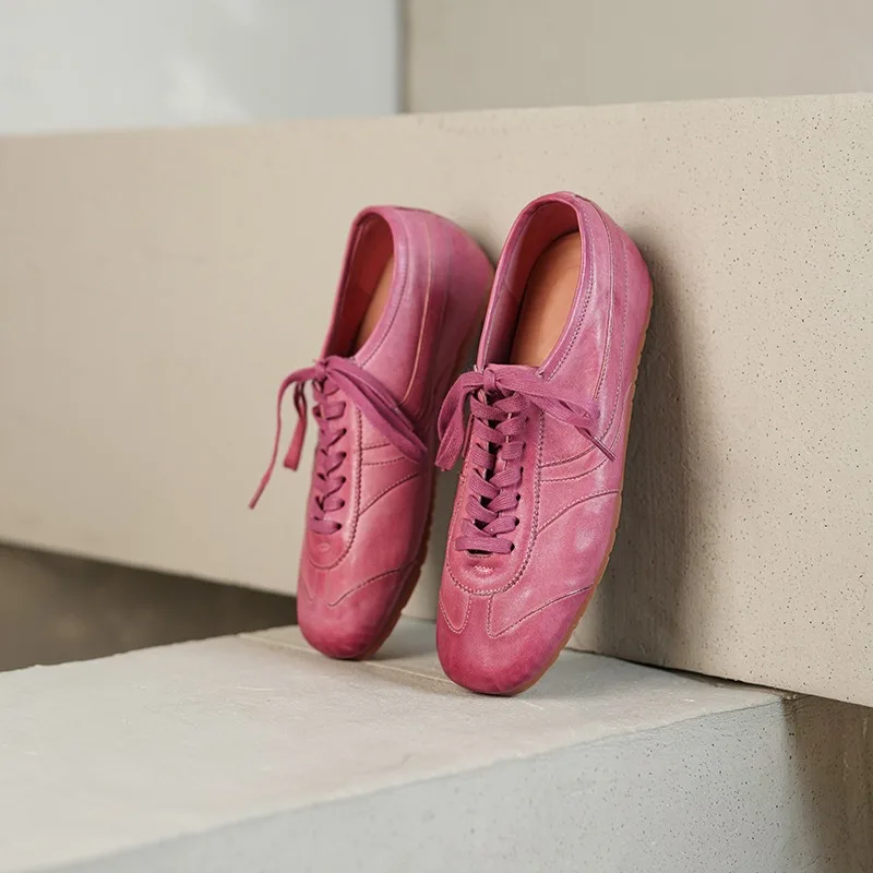 Italian Craft Washed Genuine Leather Lace Up Retro German Training Leather Shoes Women Flats Casual Sport Shoes Female Sneakers