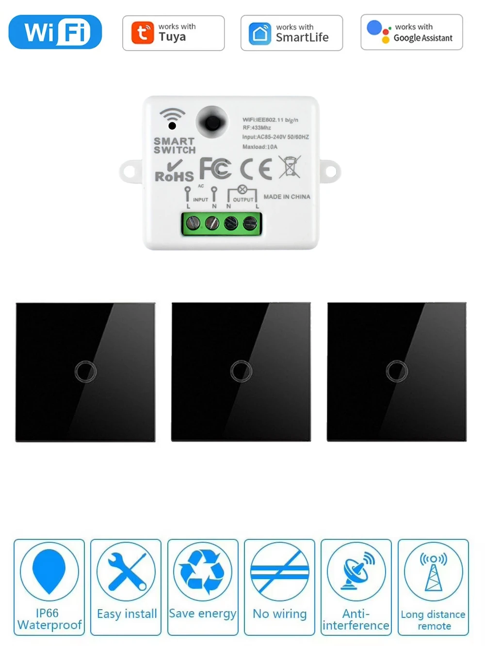 CENFAYA Tuya WiFi RF Inteligentny Włącznik Światła 110V 220V 230V Mini Moduł Odbiornika Przekaźnikowego 433mhz Szklany Dotykowy Pilot Ścienny F Alexa (1 WAY KIT C) — Zdjęcie 2 z 2