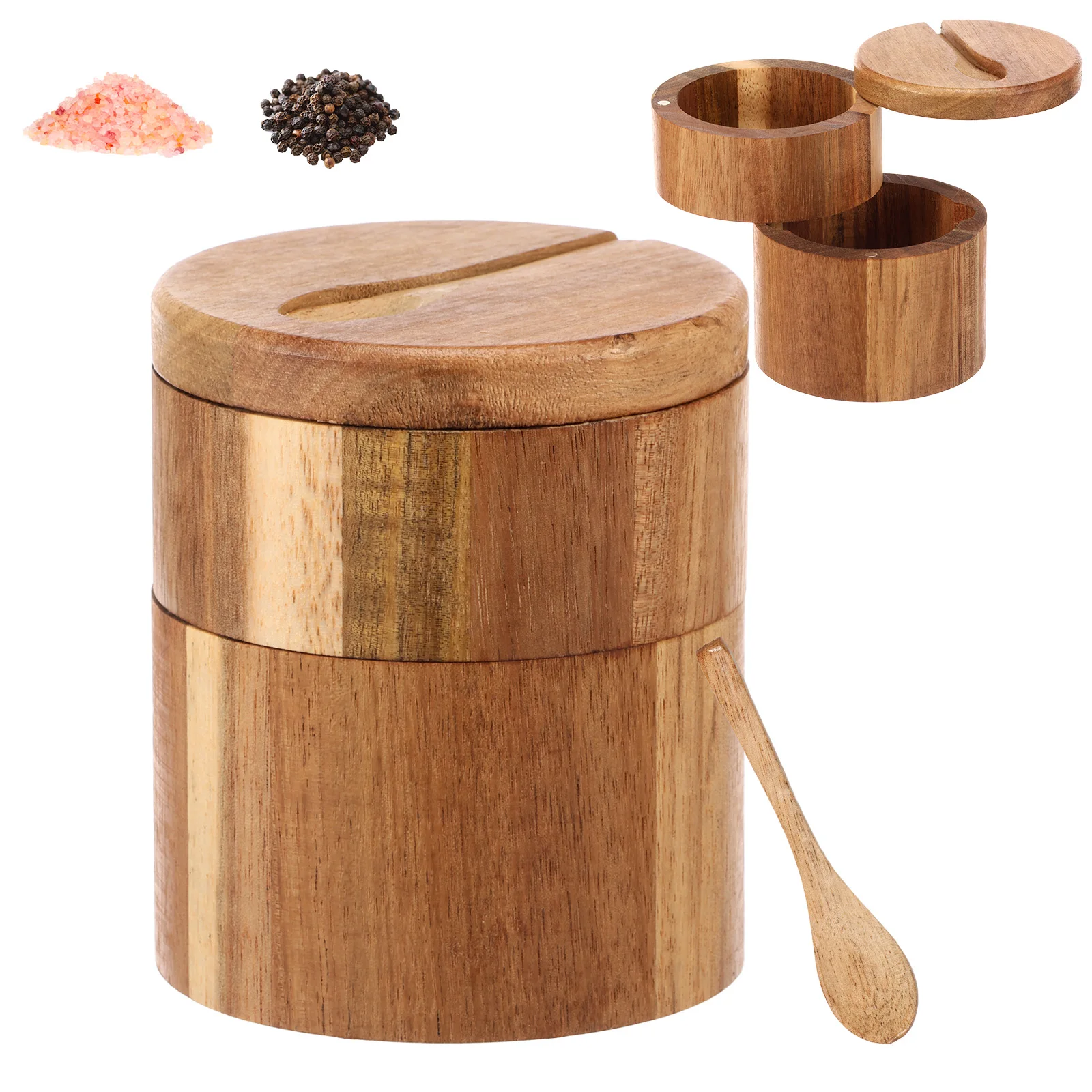 Salz- und Pfefferstreuer-Set aus Holz, Gewürzbox, Aufbewahrungsbehälter, Zuckerdose mit drehbarem magnetischem Deckel, Mehrfachschalen