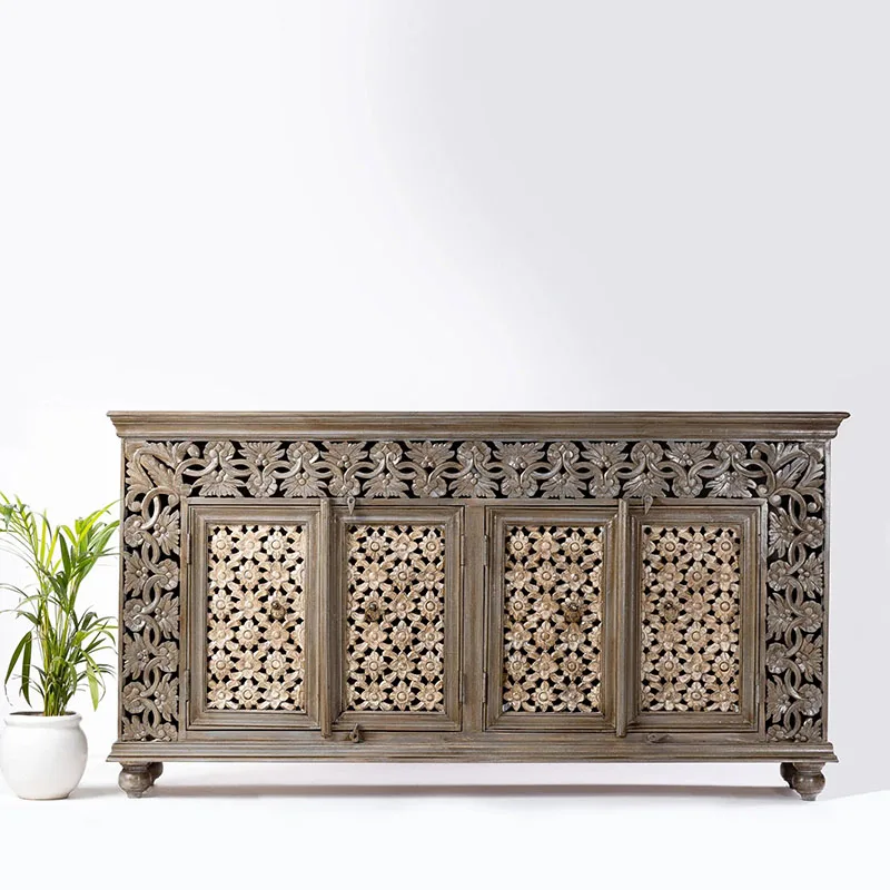 

French retro flower carving dining side cabinet Solid wood entry porch cabinet Living room old decorative side