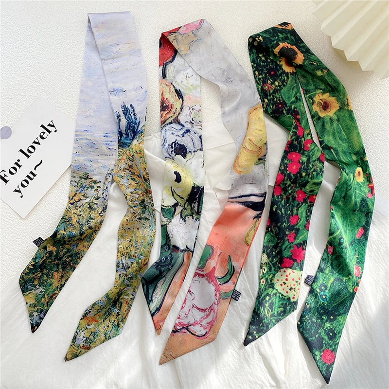 Long Oil Painting Print Small Silk Scarf Fashion Head Ribbons Scarf Small Silk Scarves For Women Hair Bag Handle Decoration