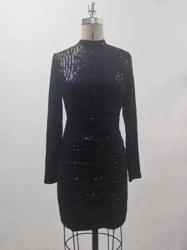 Falda de cadera Sexy para mujer, vestido de lentejuelas de moda, manga larga, cuello alto, temperamento Delgado, vestido de noche de viento, pasarela, banquete, fiesta