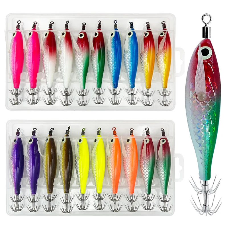 ShareShark 10 Stück/Box Tintenfisch-Jig-Köder 8cm 5,6g UV-Leuchtende Garnelenköder Horizontaler Kunstköder für Tintenfisch Oktopus Salzwasser – Detail 1
