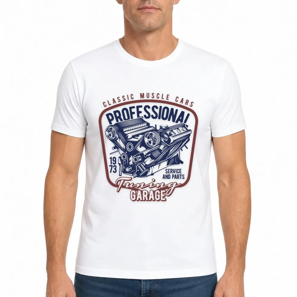Vintage Graphic Tee Men Classic Muscle Engine Tuning Garage Mechanic Short Sleeve Daily Streetwear Tops