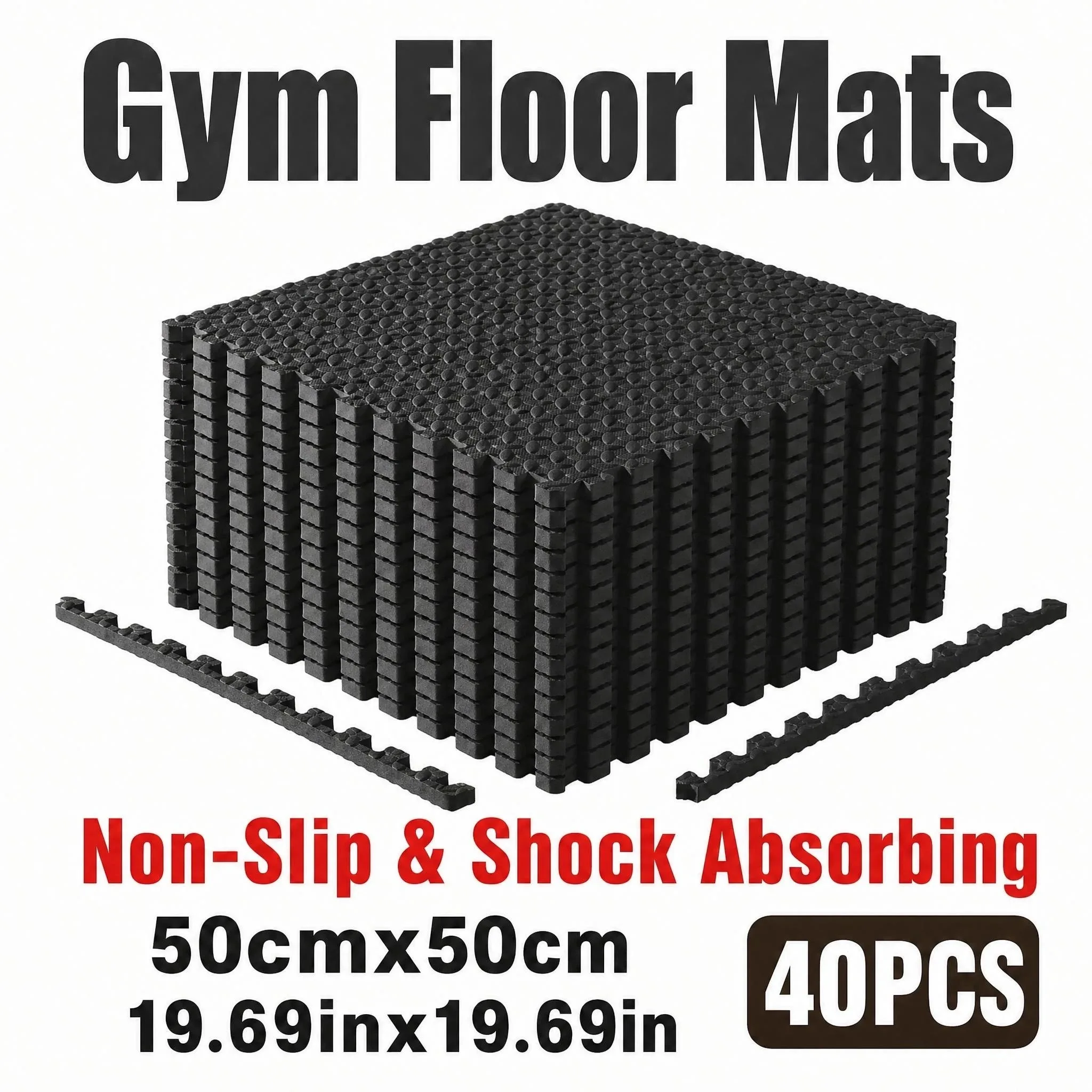 Tappetini Fitness Puzzle EVA 40 Pezzi, 50×50cm, Nero, Antiscivolo e Ammortizzanti, Copertura 10㎡, Protettivi per Palestra Casa, Garage e Attrezzi, Set Completo con Bordi