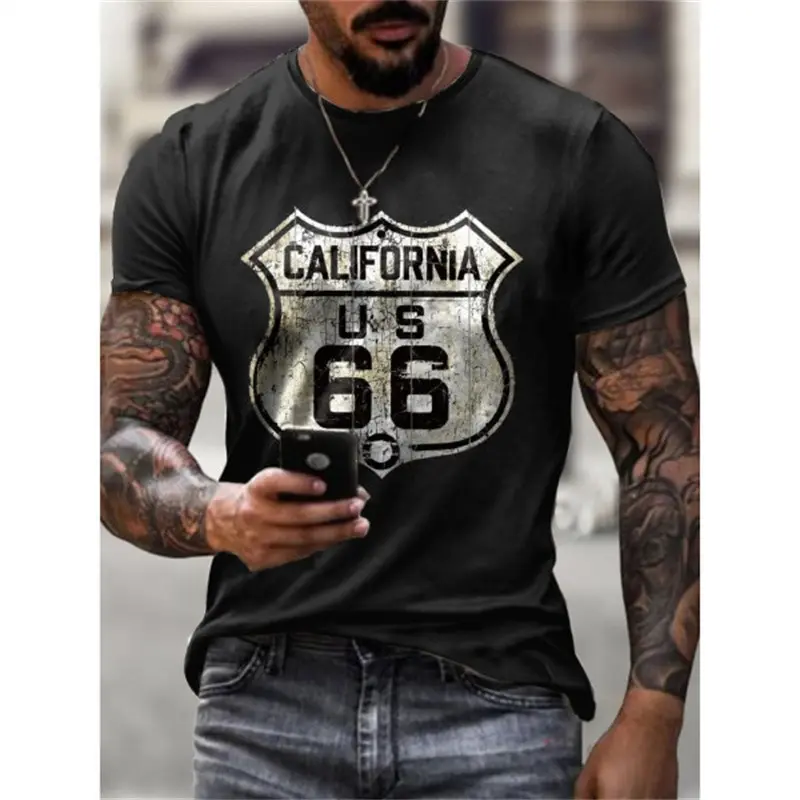 2023 New Men\'s Vintage T-Shirt 3D Printed American Plus-Size Hip-Hop Personality 66 Designed Short-Sleeved Daily Casual Clothing