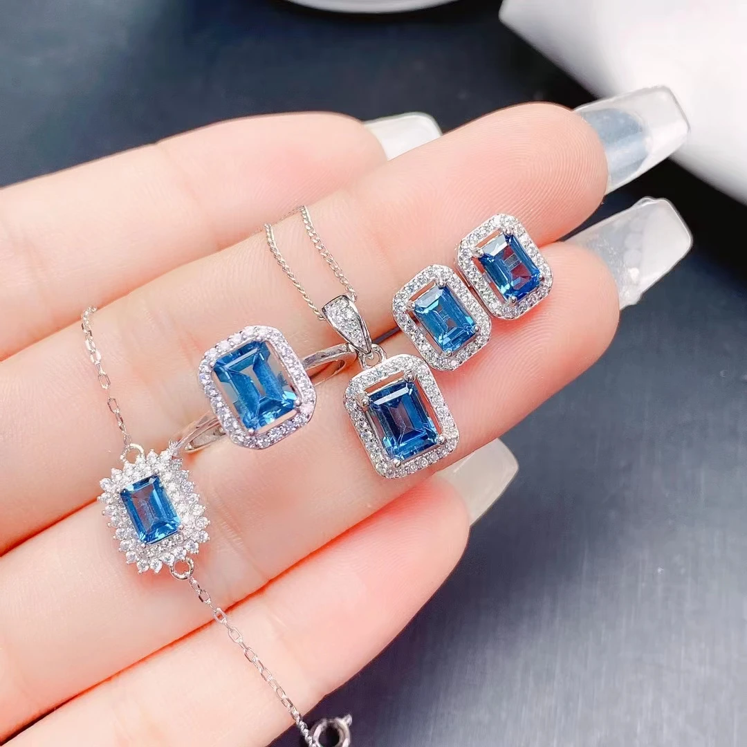 

MeiBaPJ London Blue Topaz Jewelry Set 925 Silver Ring Bracelet Earrings Pendant Necklace Fine Wedding Jewelry for Women