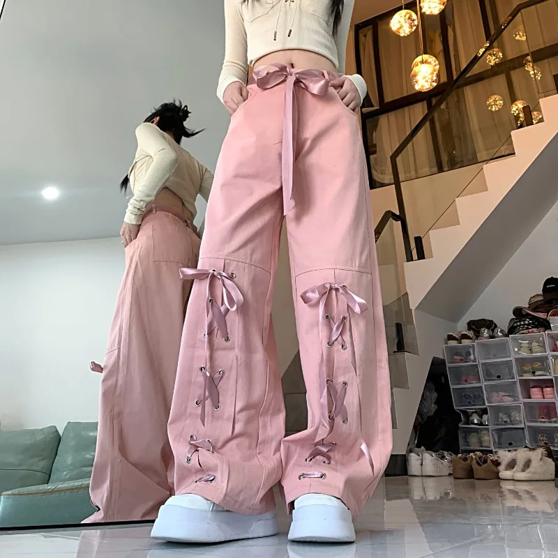 

Dopamine Girls' Bow Tie Tied Cargo Pants for Women New Sweet and Cool High Waisted Straight Leg Pants Woman