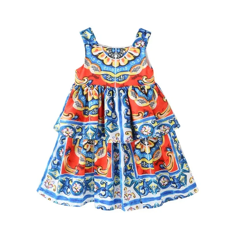 

Summer Girls Dress Print Camisole Ruffles Princess Dresses Birthday Party 2-10Y Toddler Baby Girl Beachwear Kids Casual Clothes