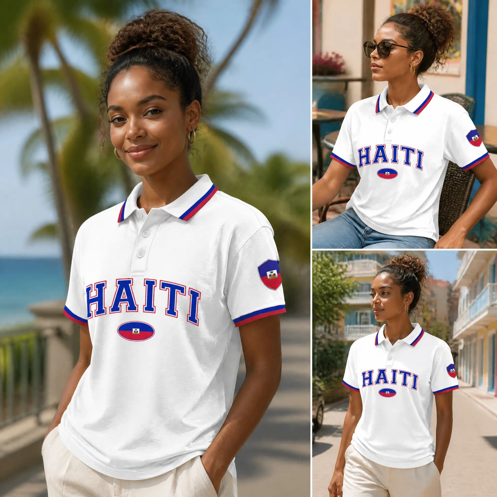 Women Haiti White Polo Shirt Short Sleeve Collared Tee With Flag Patch Red Blue Trim Casual Beach Vacation Style Top For Summer