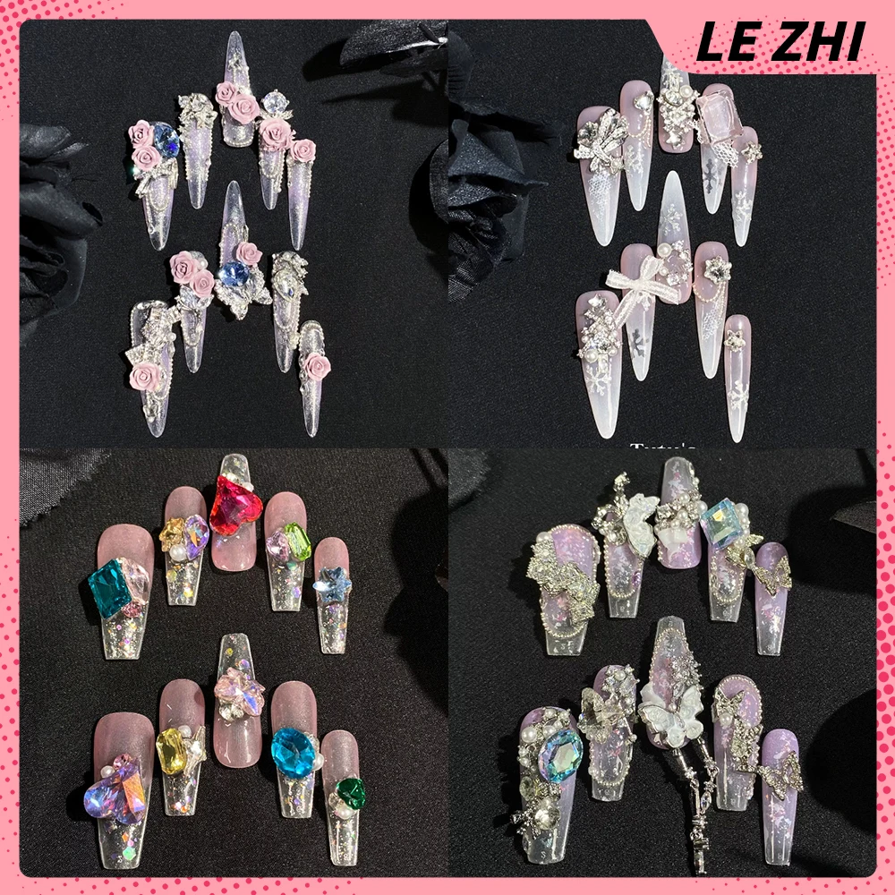 

10Pcs Luxury High Quality Engagement Manicure Colorful Rhinestones False Nails Long Coffin Stiletto Camellia Wearable Fake Nails