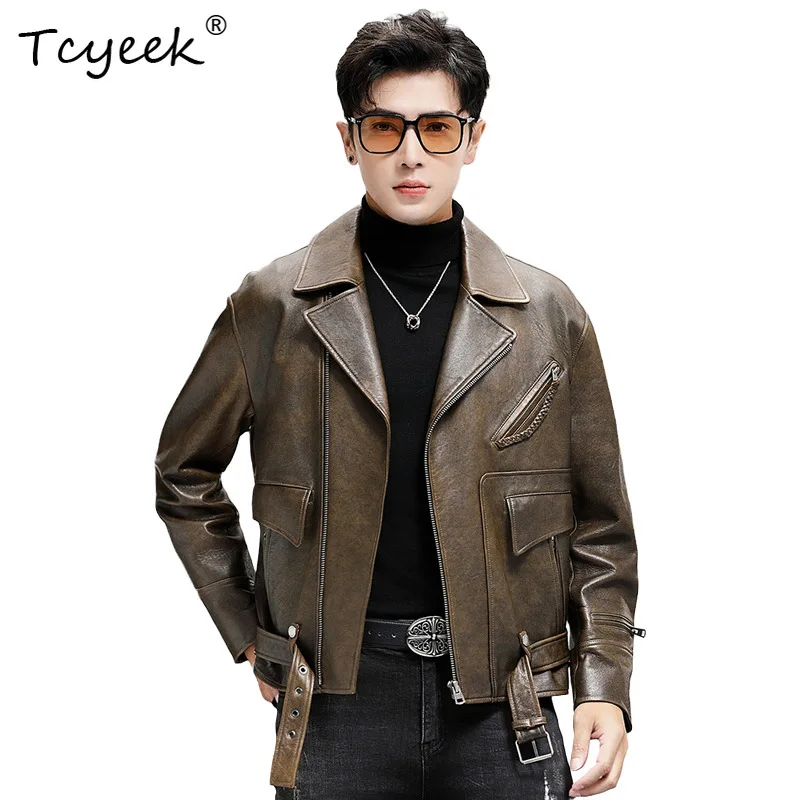 Tcyeek First Layer Sheepskin Real Leather Jacket Men Clothes 2026 Autumn Motocycle Mens Coats Streetwear Trendy Jaqueta De Couro