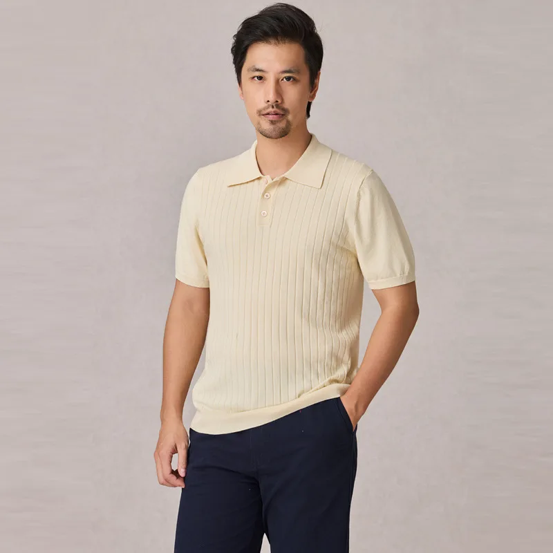 Knitted polo shirt men's summer high-end slim elastic short-sleeved mulberry silk ribbed t-shirt lapel knitted sweater