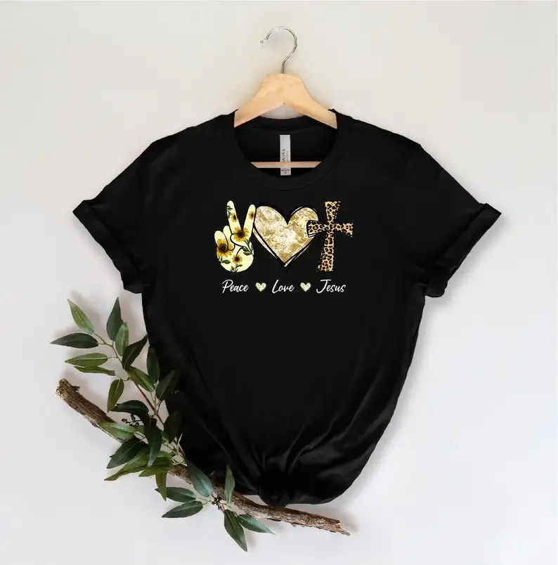 Peace Love Jesus T-Shirt Religious inspiration Shirt Christian Gifts Faith Shirts Fashsion Letter Cotton O Neck Short Sleeve Tee