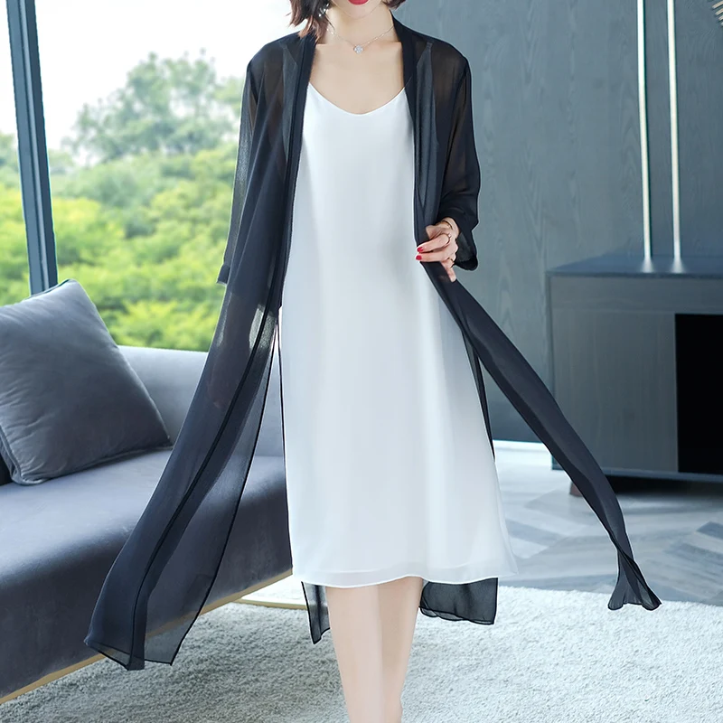 Blusa tipo cárdigan de gasa larga de verano para mujer, estilo kimono, camisa de oficina con protección solar, tops de playa, blusas de talla grande para mujer