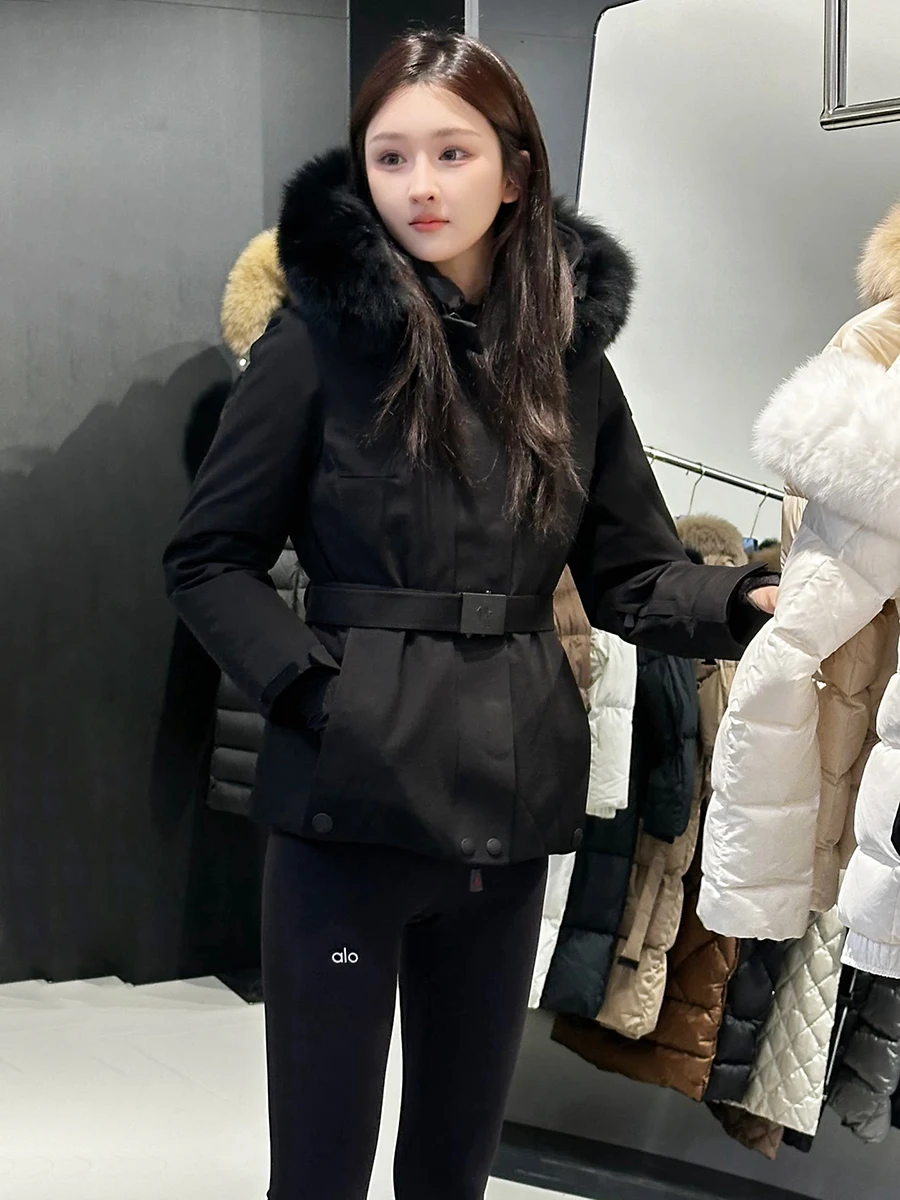 Jaqueta fena moderna com cinto, gola de pele premium, roupa de esqui na neve, agasalho espo com fechamento de zíper e ...