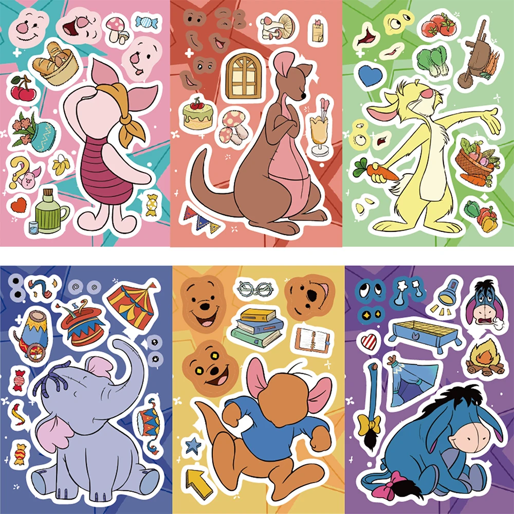 

8/16sheets Cartoon Disney Pooh Bear Puzzle Stickers Funny Make a Face DIY Creative Assemble Jigsaw Educational Toys Decals Gift