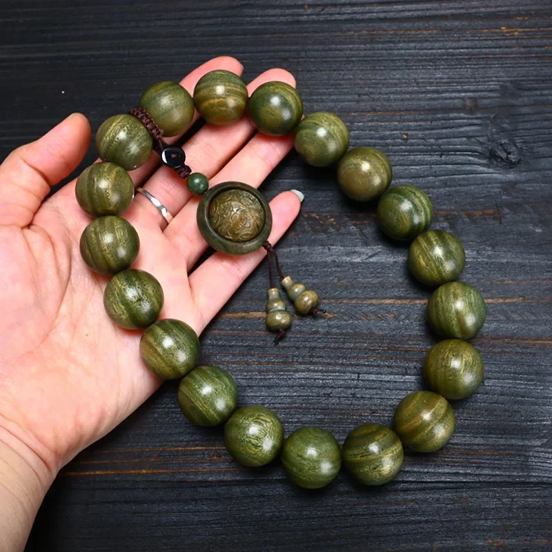 

Authentic Green Sandalwood Buddha Beads Bracelet 20mm Jade Carved Big Wood Beads Loop Handheld Hand String for Men Women Jewelry