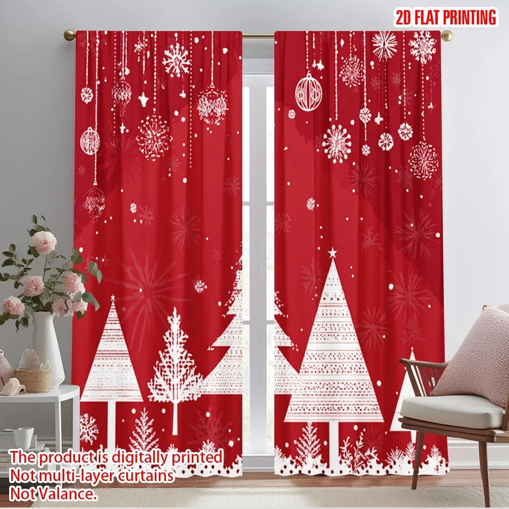 2pcs,2D plane printing Curtain Fabric Snowflakes Pine Versatile Polyester (without rod) All Seasons Perfect for Bedroom, Office,