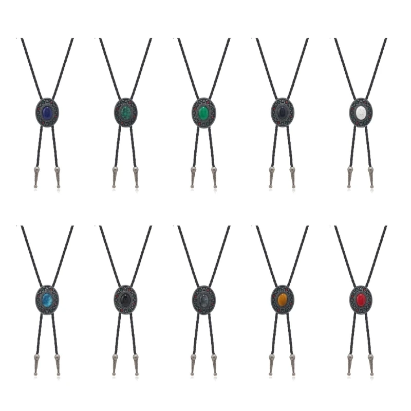 

Men Women Bolo Tie Cowboy Necktie Vintage Braided Rope Cord Necklace Bohemian Natural Stone Pendant Jewelry Dropshipping