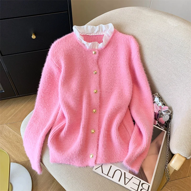 

Korean Sweet Ruffle Round Neck Patchwork Knit Cardigan Sweater Women Pink Slim Short Coat Autumn New Long Sleeve Knitwear Jacket