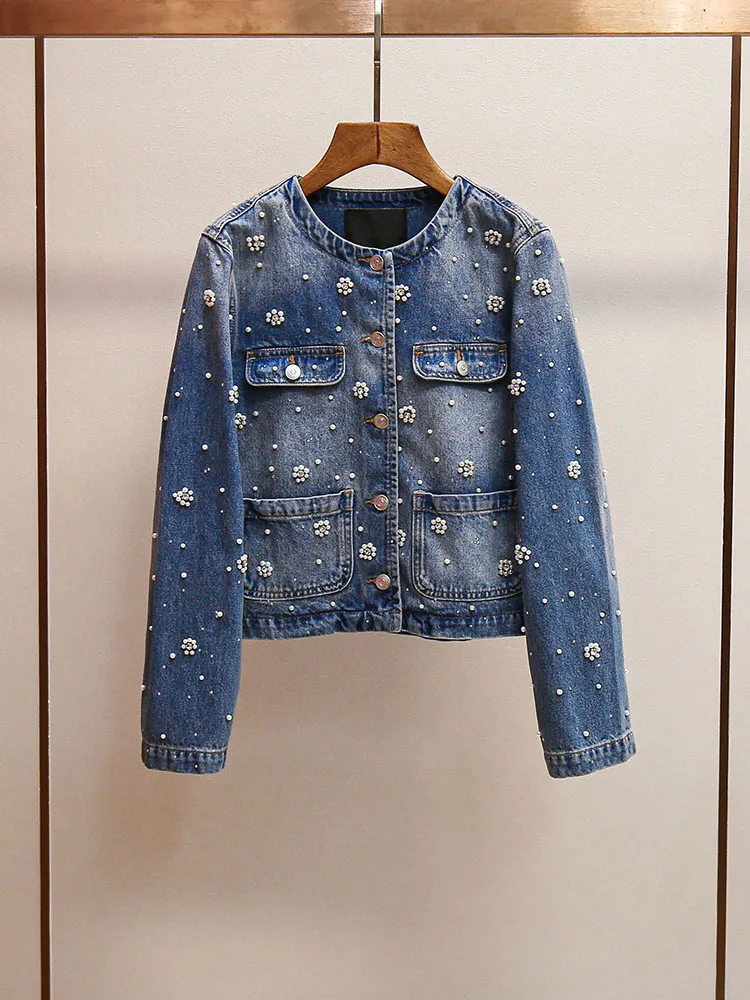 

2025 Spring Women Pearls Floral Denim Jacket Turn-down Collar Vintage Short Coat for Lady Autumn