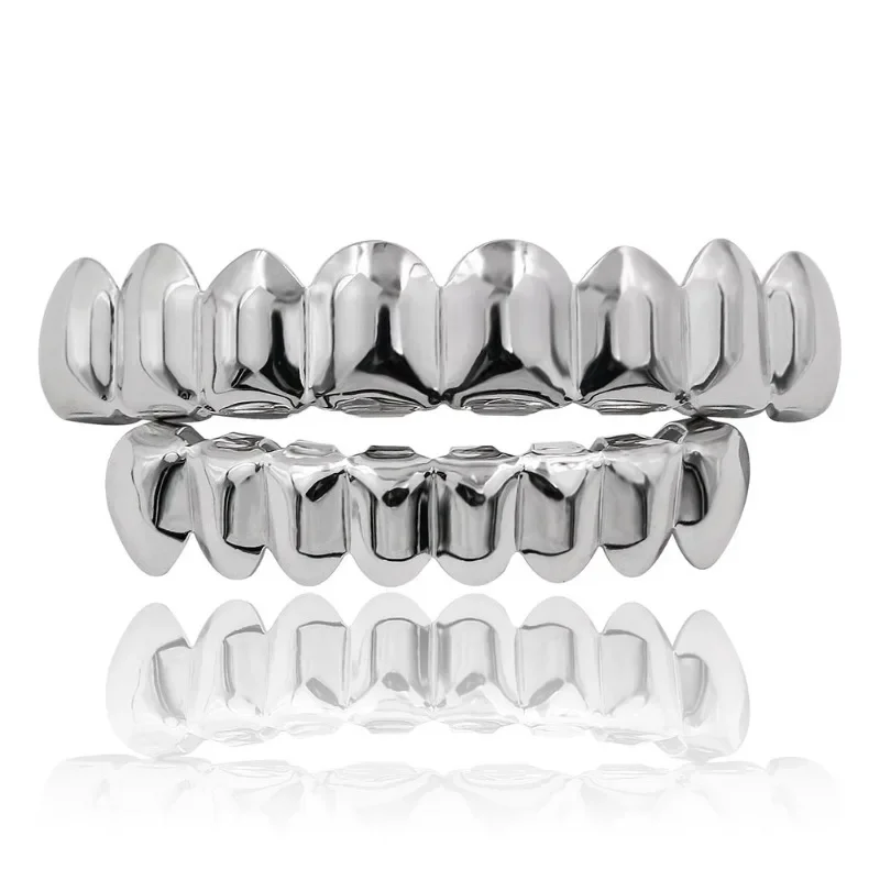Gold Silver Plated Hiphop Teeth Grillz Top Bottom Set with Vampire Tooth Design for Party Streetwear Cool Dental Accessory