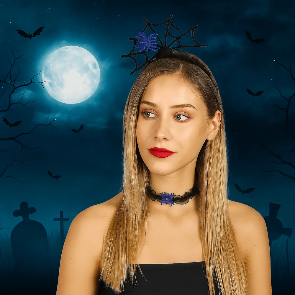 

Забавная черная повязка на голову на Хэллоуин, сетчатая повязка на голову с оборками, ожерелье, комплект, реквизит для косплея, полая повязка для волос с паутиной, вечерние