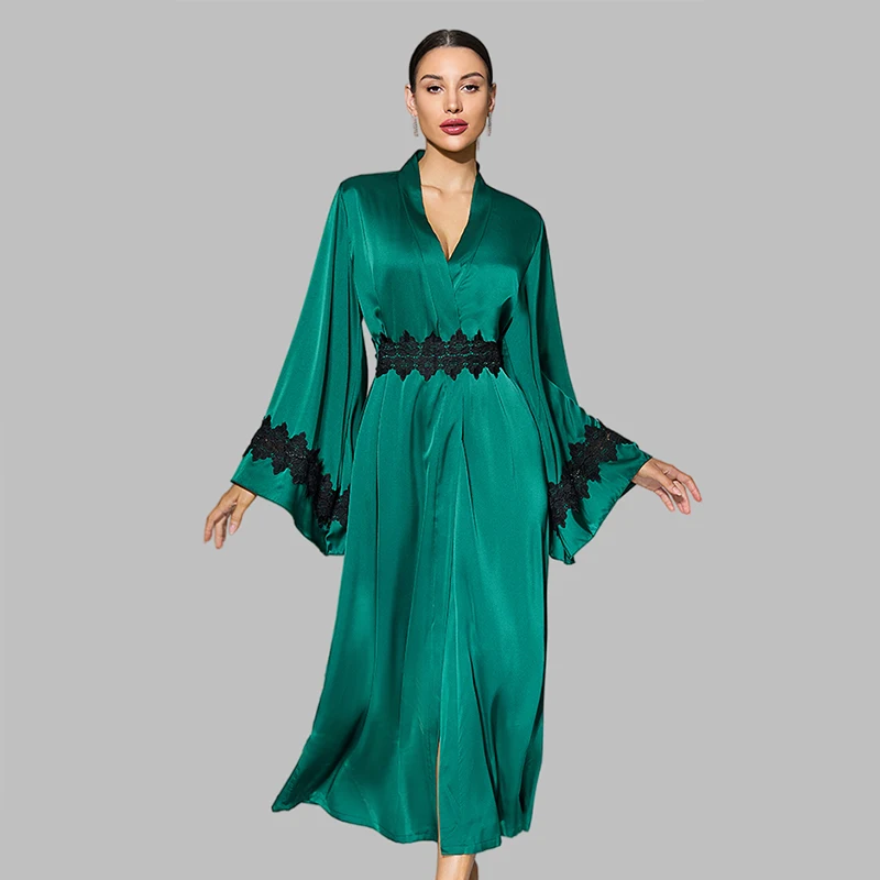 

Элегантный длинный атласный халат для женщин с кружевной отделкой, V-образным вырезом, роскошная шелковистая ночная сорочка с поясом, кимоно, халат с расклешенными рукавами